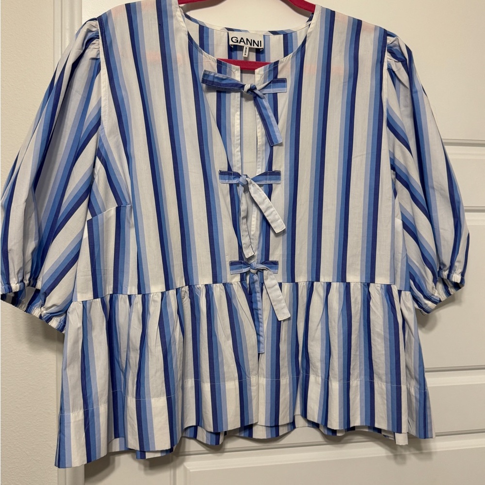 Ganni Blue and White Striped Blouse